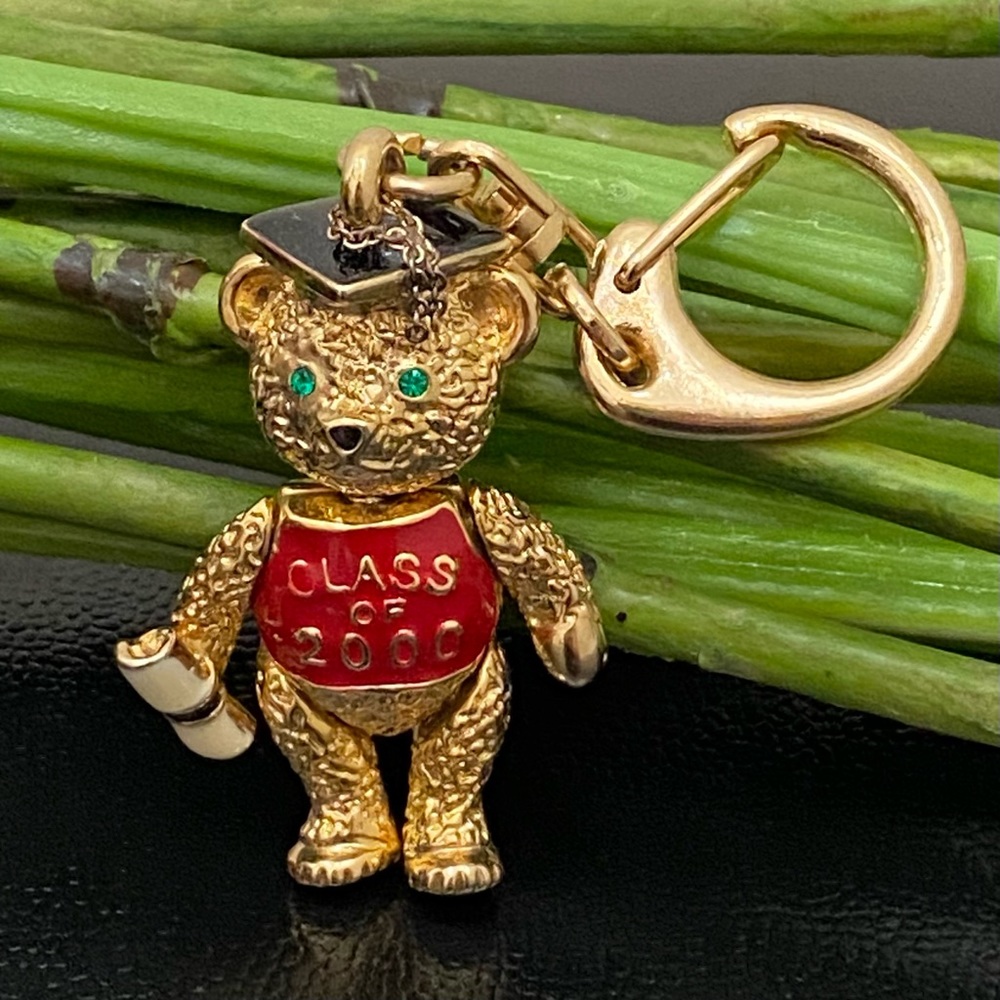 Vintage Class of 2000 BATYA Gold Bear Graduate Movable Arms & Legs Keychain FOB